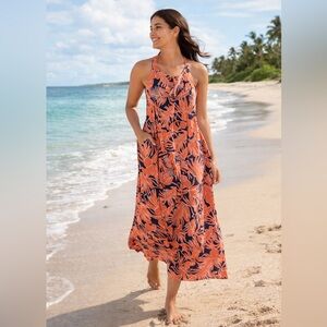 Lands’ End Petite XL 18 Coral Navy Tropical Halter Dress | A-Line Beach Vacation